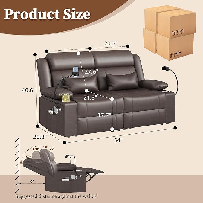 Home Theater Seating，RV Reclining Sofa Set with Adjustable Headrest， Recliner Sofa with Heat and USB&Type-C, Dawer & Cup Holders, 150° Recline for RV & Living Room(Loveseat Brown)