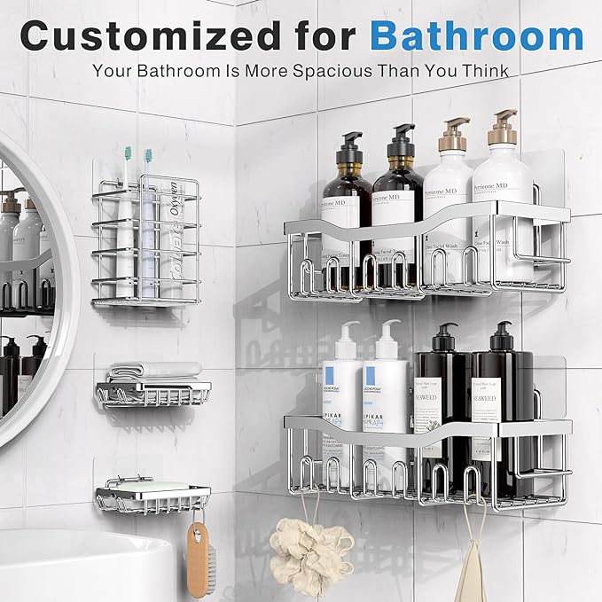 5-Pack Rustproof Stainless Steel Shower Caddy – No Drill Adhesive Bathroom Organizer with Large Capacity, Spacious Shower Shelves for Inside Shower, Kitchen & Home Decor Storage-XL Size