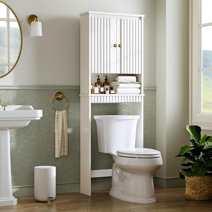 Over The Toilet Storage Cabinet, Over Toilet Bathroom Organizer with Fluted Panel Doors and Soft Hinges, Above Toilet Storage Shelves Behind Toilet Bathroom Organizer (White)