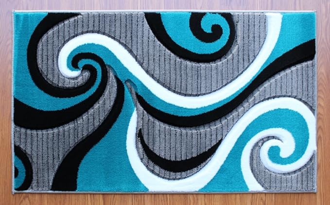 Masada Sophia Collection Hand Carved Modern Contemporary Turquoise White Grey Black Welcome Mat, Doormat, Bathroom Rug, Kitchen Mat, Small Space Rug (2 Feet X 3 Feet 4 Inch)