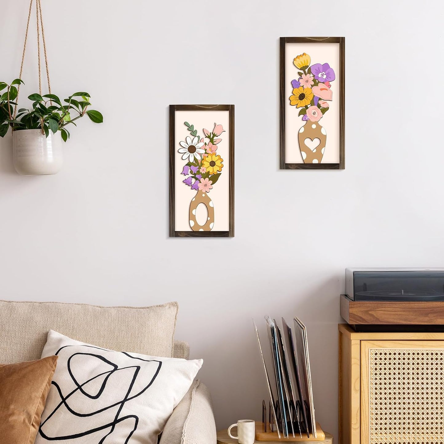 Kas Home 3D Floral Wall Art, 2 Set Rustic Wood Boho Flower with Vase Framed Wall Decor for Bathroom Living Room Bedroom Office Housewarming Gift, Ready To Hang Plaque Sculptures (White-P, 6L" x 12W", Framed)