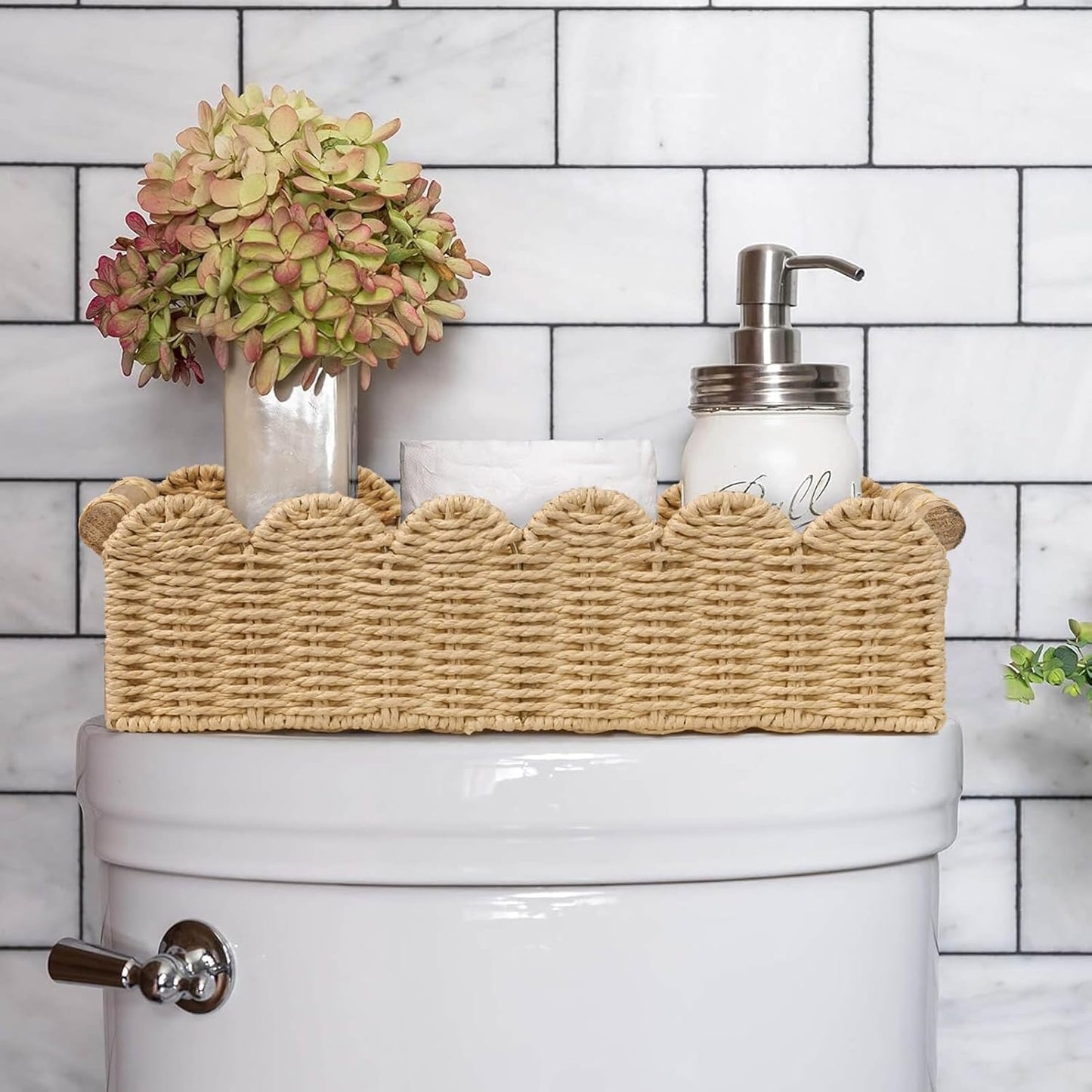 CubesLand Scalloped Edge Toilet Paper Storage Basket, Living Room Home Cozy Decor Basket, Paper Rope Small Baskets for Over Toilet Storage Shelf, End Table, Shelves, with 2 Wooden Handles, Beige