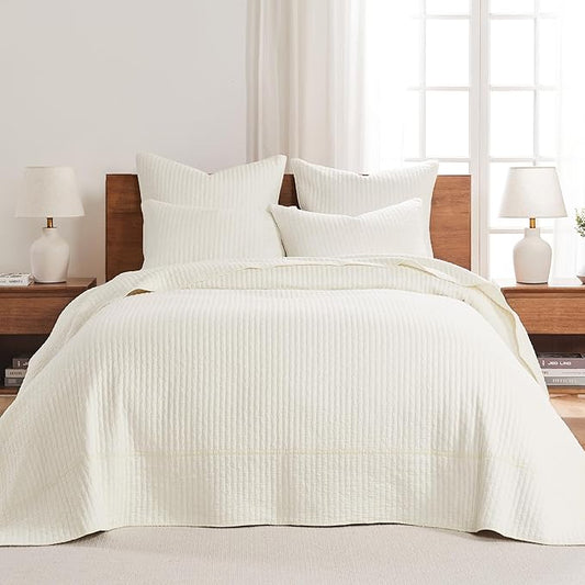 Levtex Home Cross Stitch Reversible Queen Bedspread Set (104x106in) with 2 Pillow Shams (26x20in) - Stitch Texture - Cream - Cotton Queen Size Bedspread Set - Lightweight, Soft, Pre-Washed