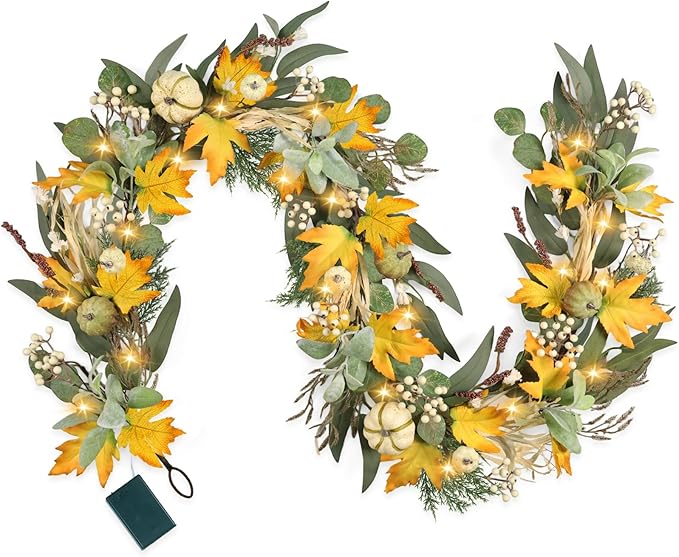 6 Ft Fall Garland for Mantle Fall Decorations for Home Porch Fall Maple Leaves Garlands with Lights/Timer Pumpkin Garland for Thanksgiving Outdoor Indoor Table Fireplace Wedding Hanging Autumn Decor