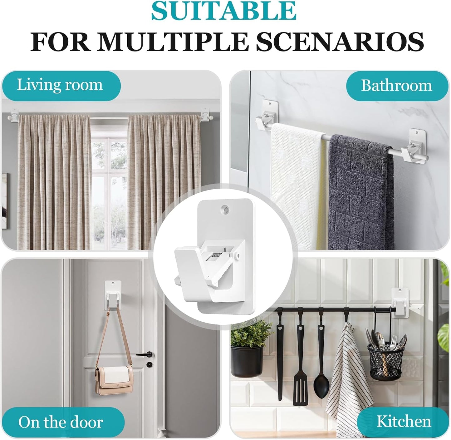 Adhesive No Drill Curtain Rod Brackets - Heavy Duty 30LB Holders for Bathroom Bedroom Kitchen, Universal Damage-Free Window Rod Hooks with Nail-Free Installation (4PC White)