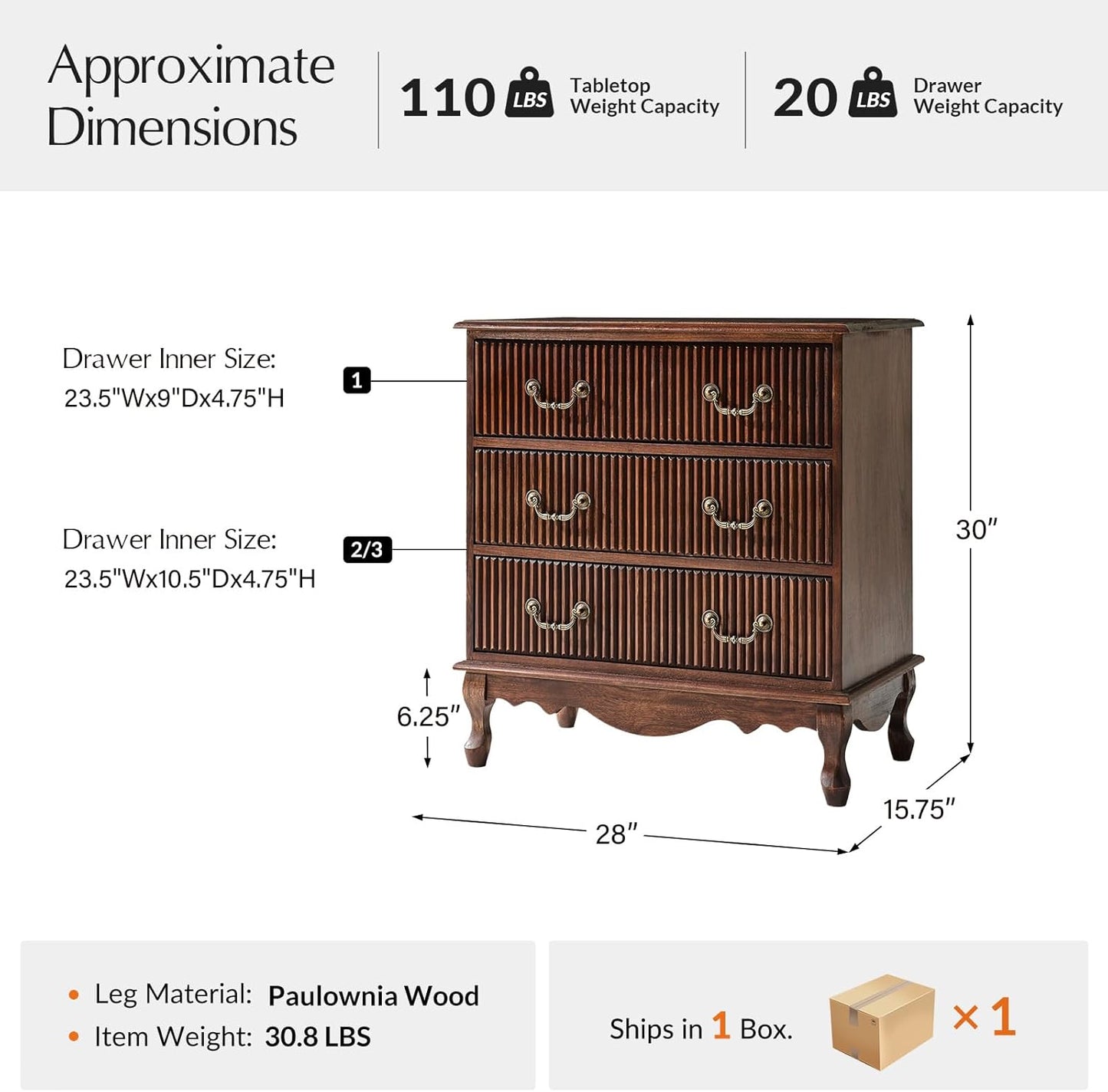 HULALA HOME Transitional Nightstand with 3 Drawers and Charging Station, 28" Solid Paulownia Wood Nightstand with Fluted Front Design, Walnut