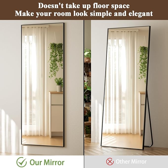 16" x 50" Adjustable Height Over The Door Mirror - Rectangular Full Length Hanging Door Mirror with Shatterproof Tempered Glass Black Metal Frame for Dormitory