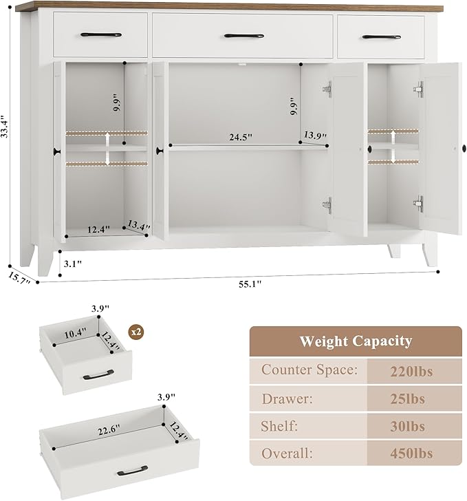 HORSTORS 55" Buffet Cabinet, Modern Farmhouse Sideboard Buffet with Drawers, Large Kitchen Storage Cabinet with Adjustable Shelves, Wood Coffee Bar for Kitchen, Dining Room, Living Room, White