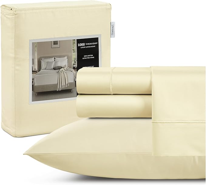 1000 Thread Count 100 % Cotton Full Bed Sheet Set, Ultrasoft & Lightweight, Breathable Hotel Sheets Full Size Bed Cotton, Deep Pocket Sheets For Full Bed fits mattresses upto 17"- Ivory