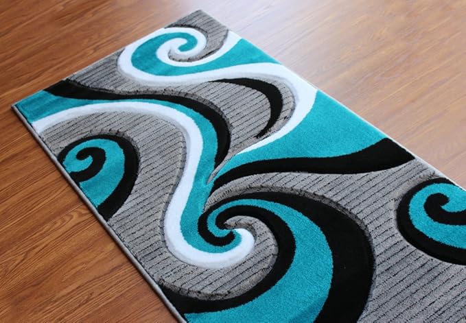 Masada Rugs, Sophia Collection Hand Carved Area Rug Modern Contemporary Turquoise White Grey Black (2 Feet X 7 Feet 3 Inch) Runner