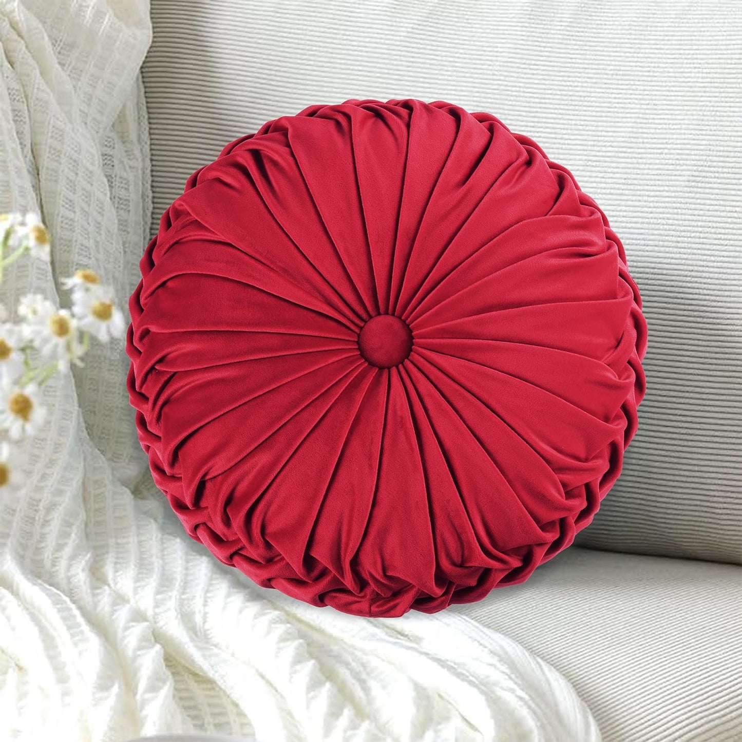HIG Set of 2 Red Ruched Velvet Round Throw Pillows – 14.5’’ Decorative Pillows with Soft Polyester Filling for Couch, Bed, Living Room, Bedroom, or Dorm – Handmade, Stress Relieving, All-Season