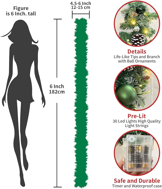 WANNA-CUL Pre-Lit 6 ft/ 72 Inch Christmas Garland with Lights Decoration for Mantle with Green Gold Christmas Ball Ornaments,Battery Operated 30 LED Lights