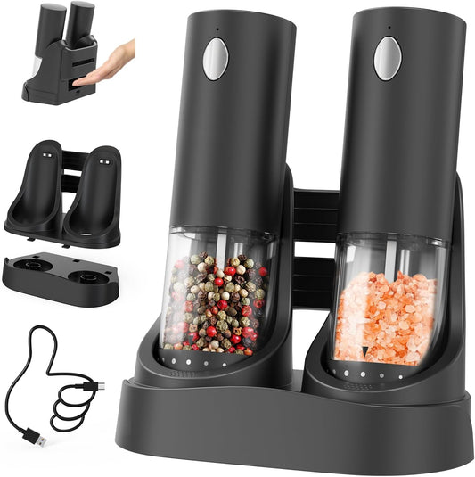 CIRCLE JOY Electric Salt and Pepper Grinder Set Automatic Salt and Pepper Grinder Set with Easy-to-Carry Charging Base and LED Light, USB Rechargeable, Upgrade External Adjustable Coarseness