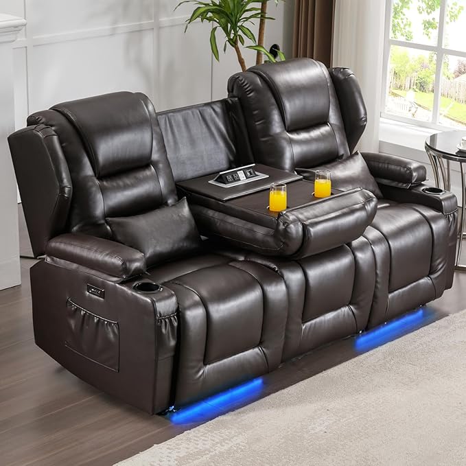 SAMERY Power Loveseat Recliner Sofa with Adjustable Split Back, Multi-Port Charger, Flip-Up Backrest & LED Lighting - Home Theater Seating with Storage, Cup Holders, Brown Faux Leather Loveseat
