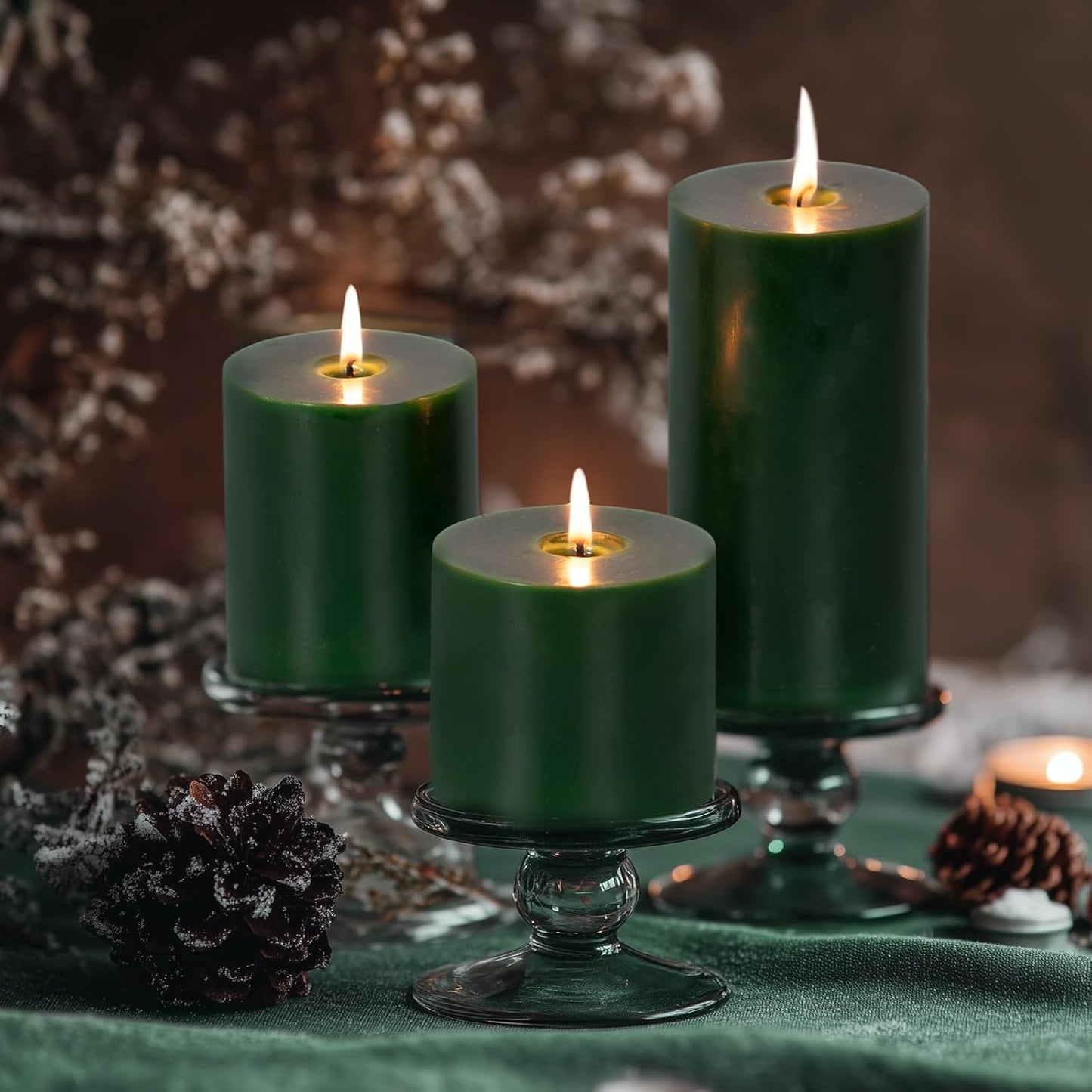 KONNI Navy Green Pillar Candles Set of 3, 3"x 3" Unscented Pillar Candles Bulk, 30 Hours Long Burning Candles, Smokeless&Dripless Large Round Candle for Wedding, Home Decoration, Parties, Spas, Dinner