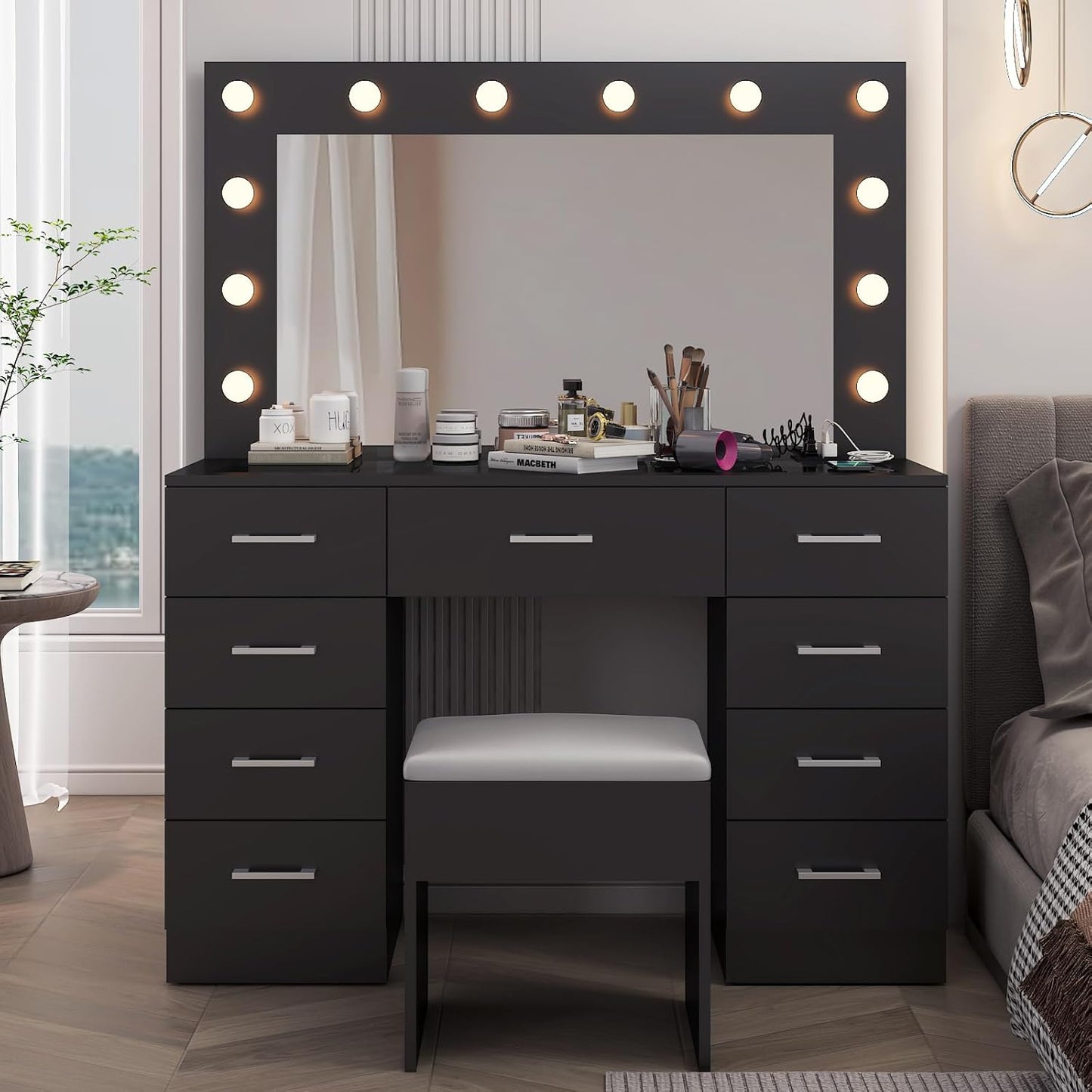 Karl home Vanity Desk with Large Lighted Mirror & Powre Outlet, Glass Tabletop Makeup Vanity Set with 9 Drawers, 45.3" Vanity Table with 3 Color Lighting Modes, Dressing Table for Women Girls, Black