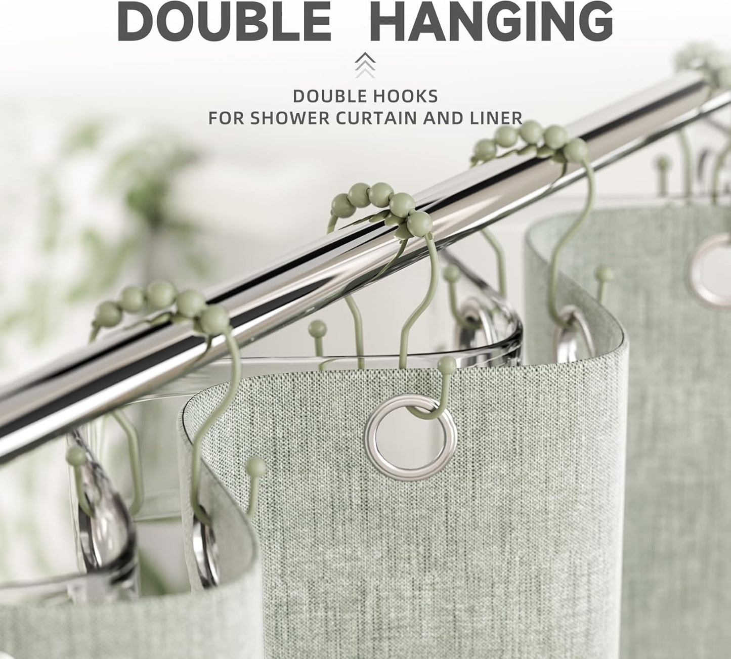 Sage Green Shower Curtain Hooks Shower Curtain Rings Rust Proof Sturdy Metal Double Shower Curtain Hooks, Shower Hooks for Shower Curtain Bathroom Shower Rod Hooks Hangers