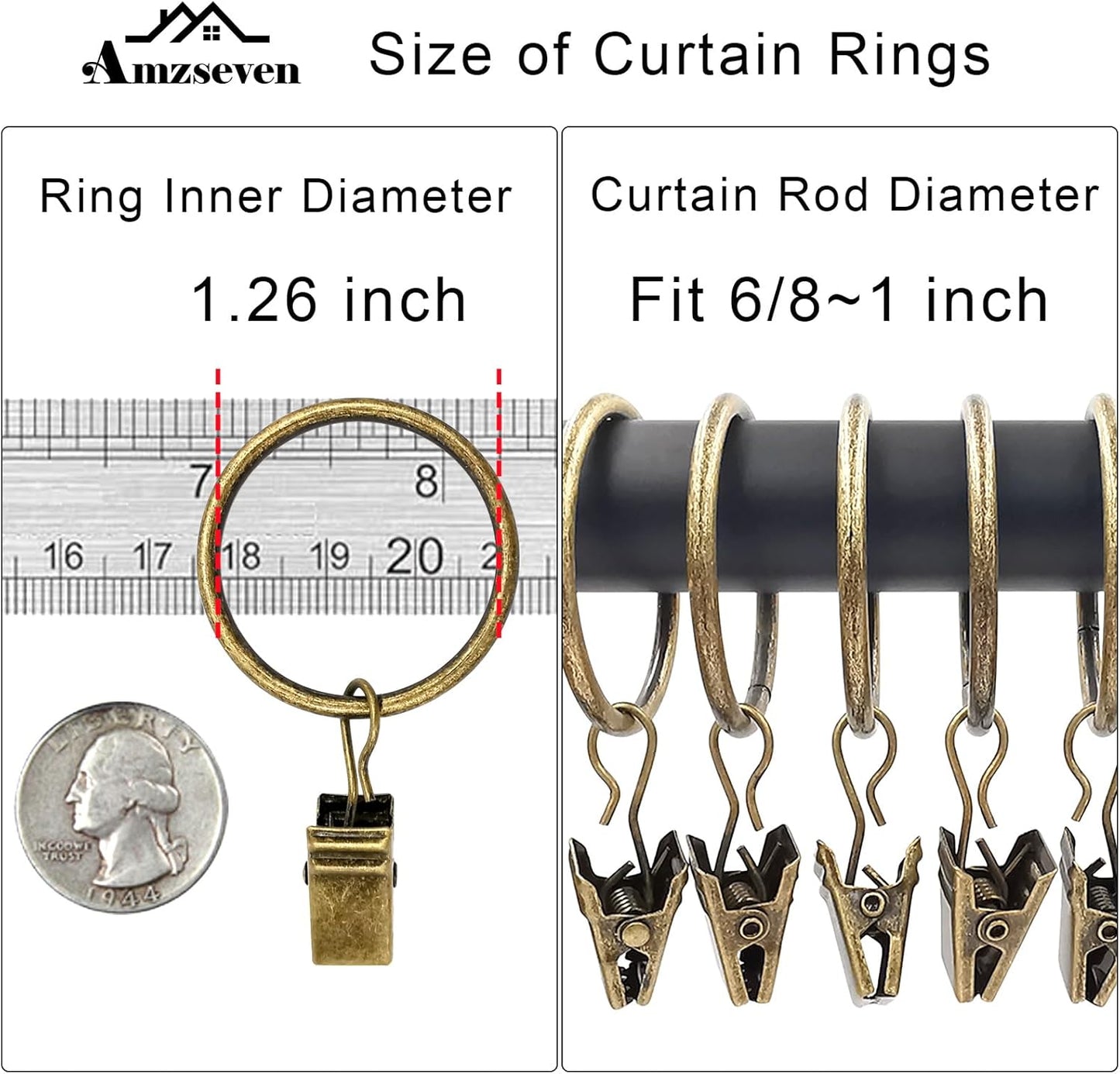90 Pack Curtain Rings with Clips, Drapery Clips with Rings, Drapes Rings 1.26 in Interior Diameter, Fits up to 1 in Curtain Rod, Bronze