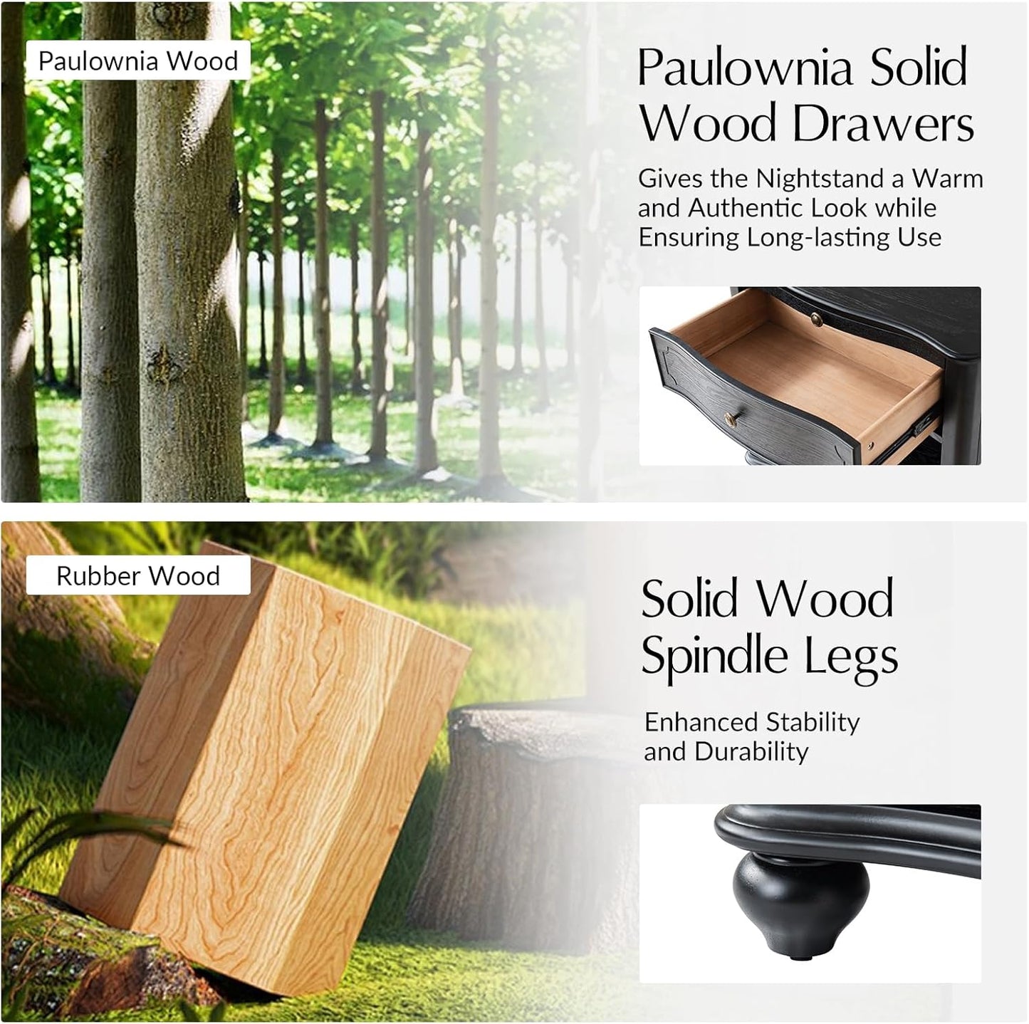 HULALA HOME Wooden Nightstand with Pull-Out Shelf, Mid Century Modern Nightstand with Solid Wood Drawers and Legs, Adjustable Storage, Black