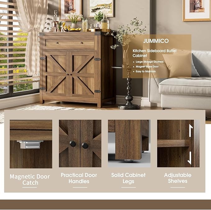 JUMMICO Coffee Bar Cabinet Farmhouse Kitchen Sideboard Buffet Cabinet with Drawer and Adjustable Shelf Barn Door Storage for Kitchen, Dining Room, Bathroom, Entryway (Brown)