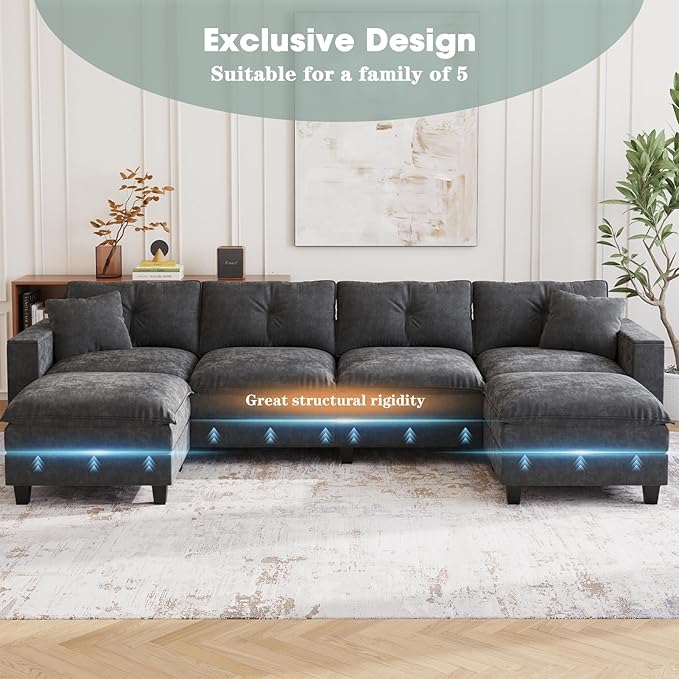 137",U Shaped Couch,Modern Modular Sectional Sofa, 4-Seater Comfy Cloud Couch with Two Movable Ottoman & Throw Pillows for Living Room, Bedroom and Apartment, Dark Gray