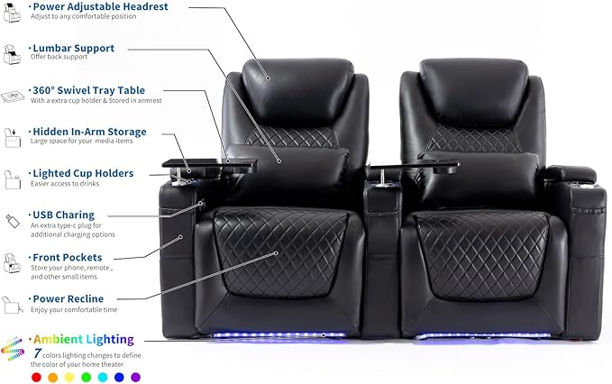 Home Theater Seating Seats, Theater Recliner Chair Sofa Game Movie Theater Chairs with 7 Colors Ambient Lighting, Lumbar Pillow, Side Pocket, Tray Table, Power Recline, Black