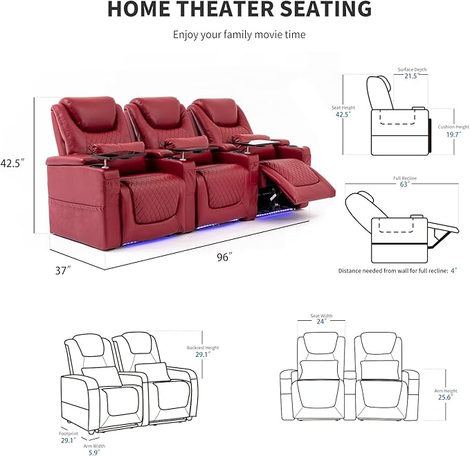 Home Theater Seating Seats, Theater Recliner Chair Sofa Game Movie Theater Chairs with 7 Colors Ambient Lighting, Lumbar Pillow, Side Pocket, Tray Table, Power Recline, Red
