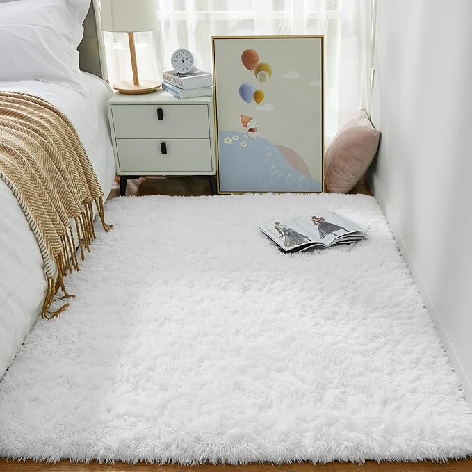 Ophanie White Rugs for Bedroom Fluffy, 4x6 Nursery Soft Fuzzy Shag Plush Shaggy Bedside Area Rug, Living Room Carpet for Girls Kids Baby Teen Dorm Home Decor Aesthetic