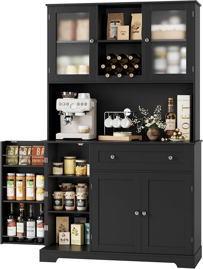 HOSTACK Kitchen Pantry Storage Cabinet with Hutch, Tall Kitchen Hutch with Microwave Stand, Food Pantry Cabinet with Doors and Shelves | Wine Rack for Dining Room, Black