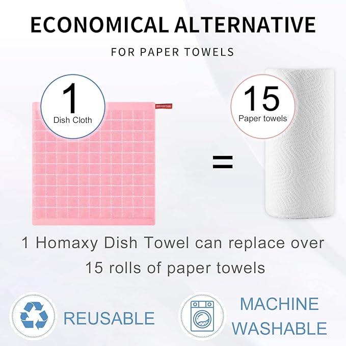Homaxy 100% Cotton Terry Kitchen Dish Cloths, Ultra Soft and Absorbent Dish Towels for Kitchen, Suitable for Drying and Washing Dishes, 8 Pack, 12 x 12 Inches, Pink