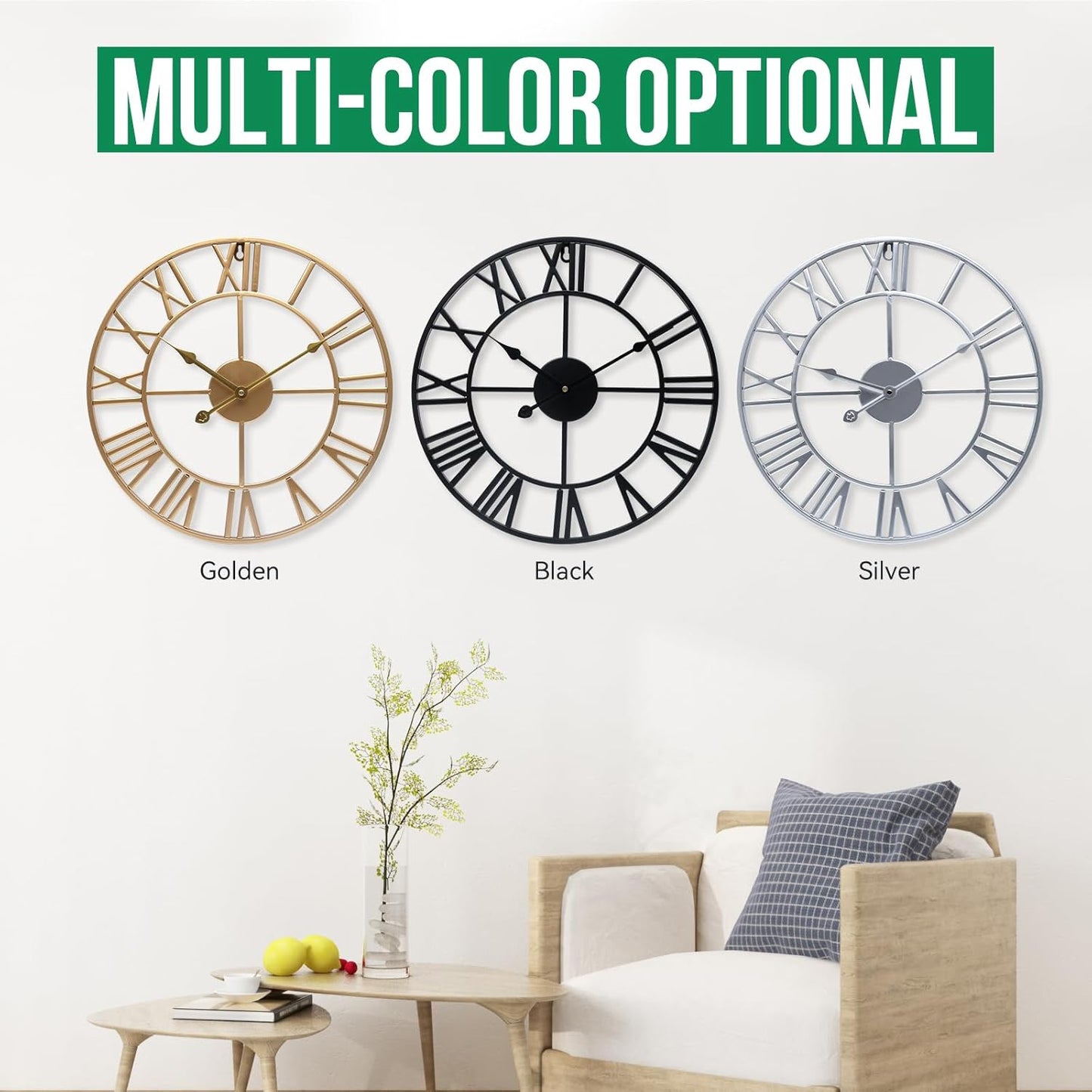 Large Wall Clock 16 Inch Black Roman Numerals Metal Clock Battery Operated Silent Non-Ticking Decor Clock Modern Round Oversize Wall Clocks for Home, Hotel, Office, Bedroom (Black, 16inch)