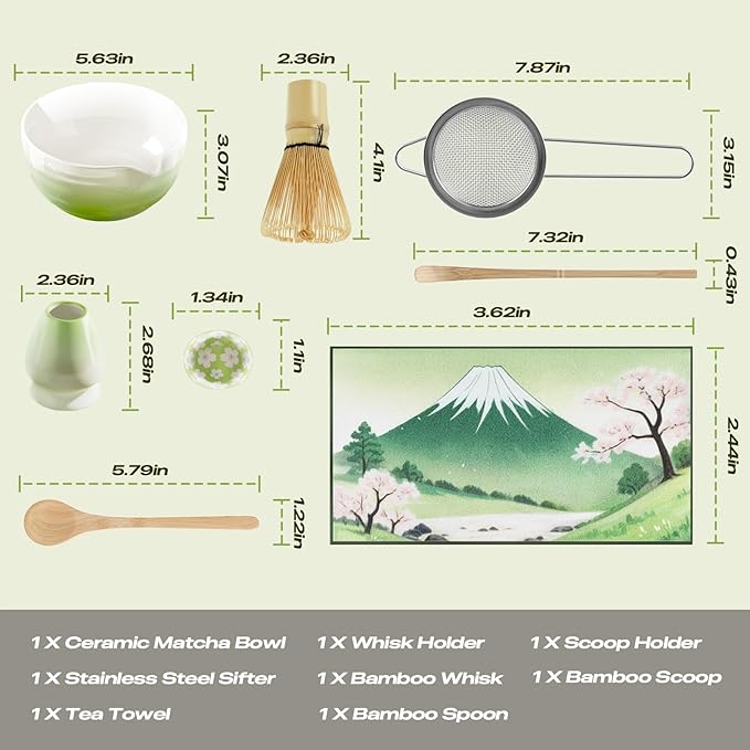 Matcha Whisk Set - 8 Pcs Tea Set with Bamboo Whisk and Holder, Ceramic Bowl, Bamboo Scoop and Spoon,Scoop Rest, Sifter & Tea Towel, Japanese Home Matcha Kit for Authentic Ceremony (Green)