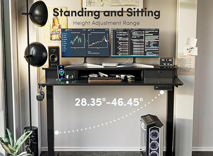 FEZIBO 48 x 24 Inch Height Adjustable Electric Standing Desk with Double Drawer, Computer Desk, Home Office Stand Up Table with 4 Height-Adjustable Feets & 2 Hooks, Black