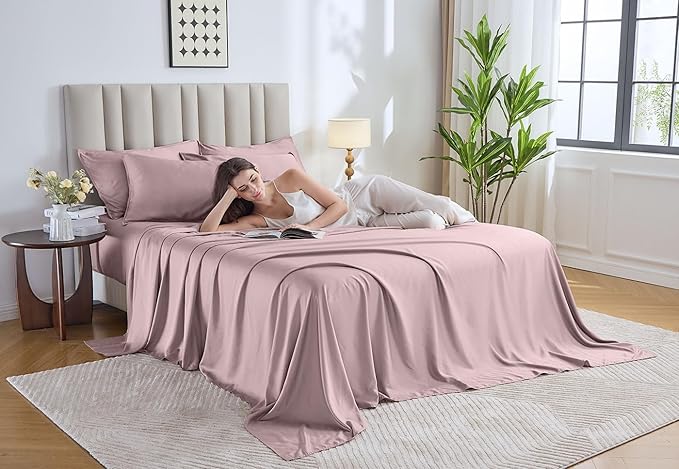 Pure Bamboo Full Sheets, Genuine 100% Organic Viscose Derived from Bamboo Bed Sheet Set, Luxuriously Soft & Cooling, Double Stitching, Lifetime Quality Promise (Full, Dusty Pink)