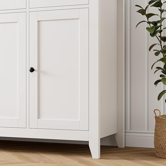 HORSTORS 55" Buffet Cabinet, Modern Farmhouse Sideboard Buffet with Drawers, Large Kitchen Storage Cabinet with Adjustable Shelves, Wood Coffee Bar for Kitchen, Dining Room, Living Room, White