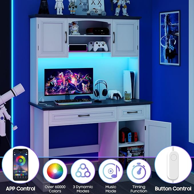 Farmhouse 47" Executive Desk with Hutch, 2 Drawers and LED Light, Computer Desk with Storage Cabinet and Charging Station,Workstation for Home Office and Study.