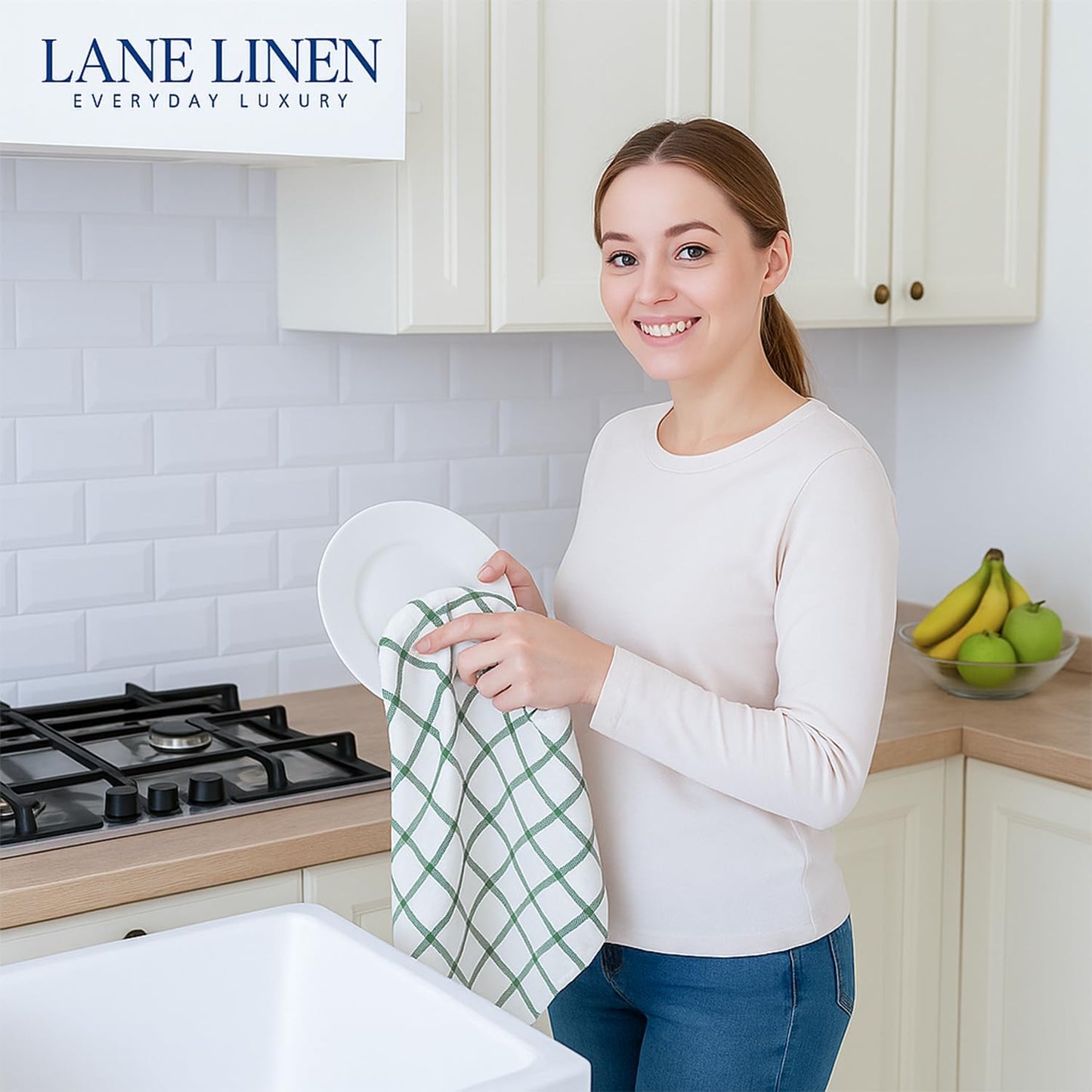 LANE LINEN Cotton Kitchen Towels Set, 6-Pack – Absorbent, Quick-Drying Dish Towels, 18" x 28", Premium Hand and Tea Towels - Olive