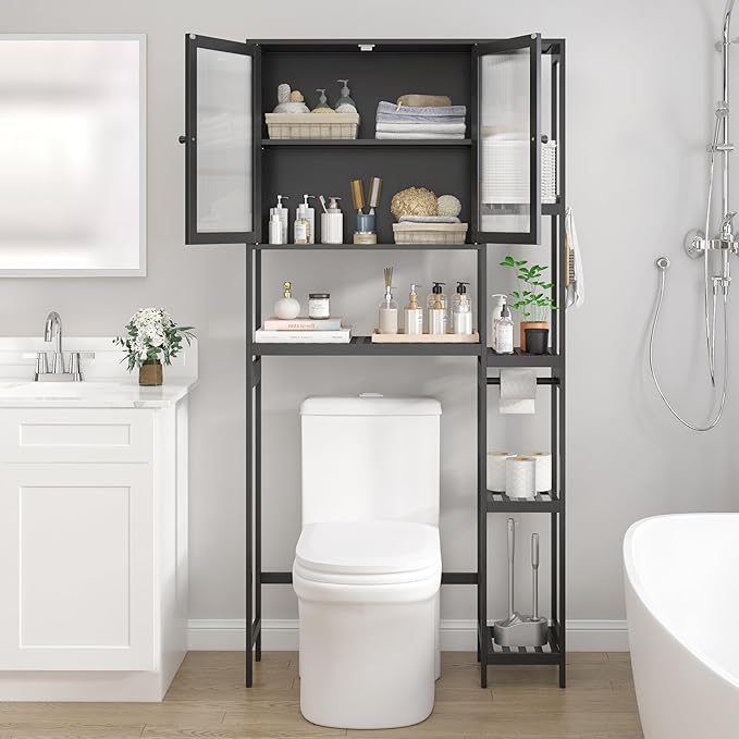 Over The Toilet Storage Cabinet Above Toilet Bathroom Organizer with Toilet Paper Holder Stand Bath Organizer with Adjustable Shelves & Acrylic Doors,Anti-Tip Device (Black, 3 Tiers with Cabinet)