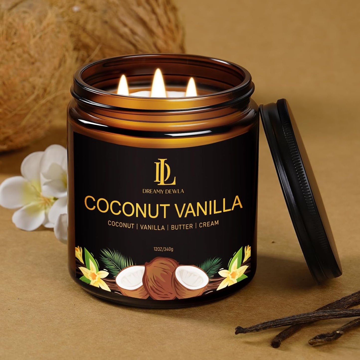 Coconut Vanilla Scented Candle, 12oz 60 Hour Long Lasting Candles, Large 3 Wick Natural Soy Candles for Home Scented, Candle Gifts for Women Men