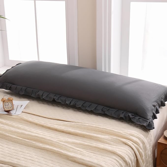 Merryword Dark Body Pillow Cover 20x54in, Reversible Long Pillowcase With Ruffled Edges, Cute Design (1 Body, Gray)