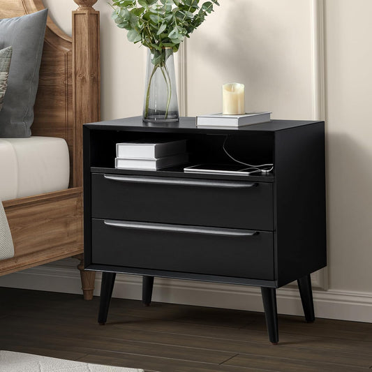 HULALA HOME Nightstand with Charging Station, Mid-Century Modern 2 Drawer and Open Shelf Dresser for Bedroom, Fluted Bedside Table, Black
