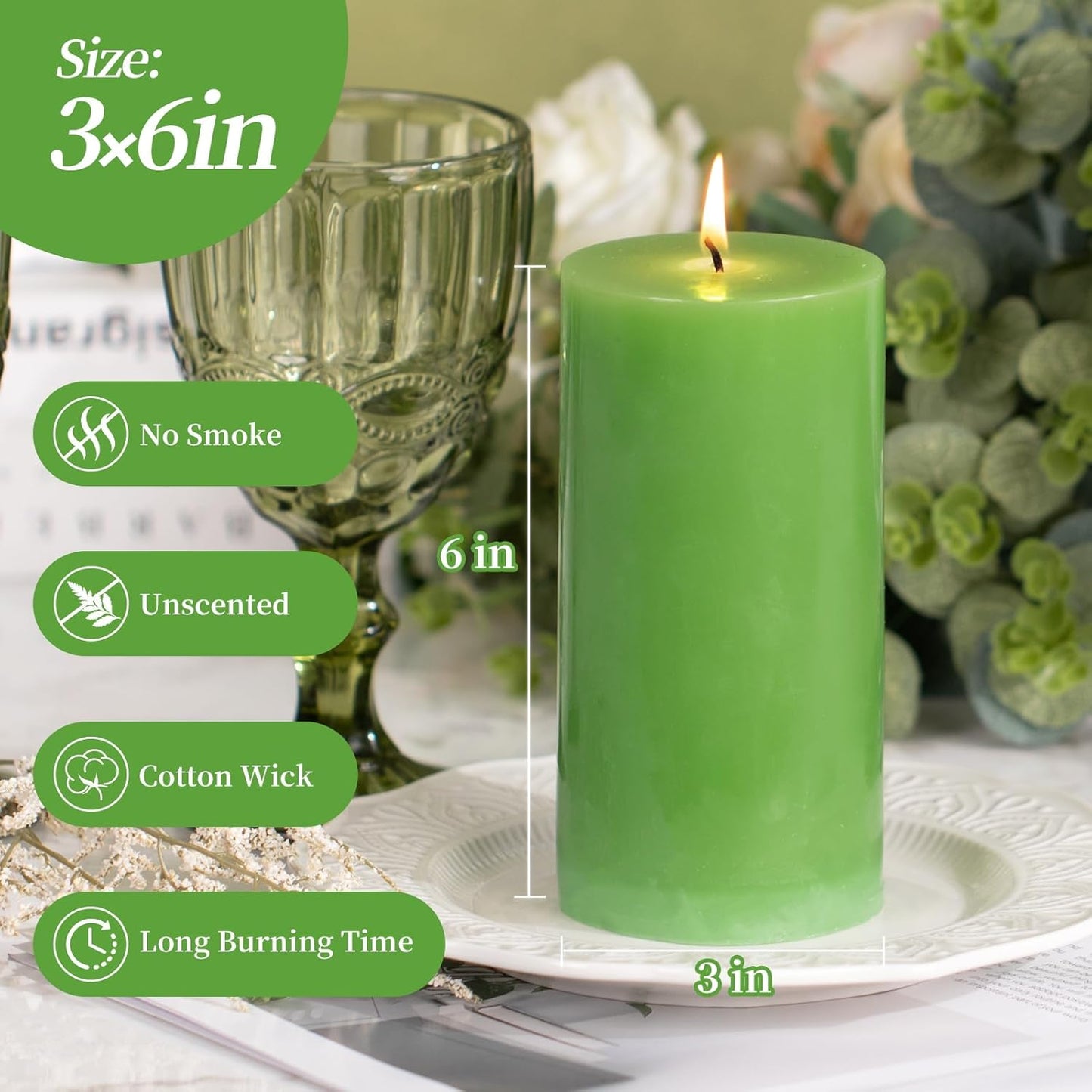 KONNI Green Pillar Candles Set of 3, 3"x 6" Unscented Pillar Candles Bulk, 56 Hours Long Burning Candles, Smokeless&Dripless Large Round Candle for Wedding, Home Decoration, Parties, Spas, Dinner