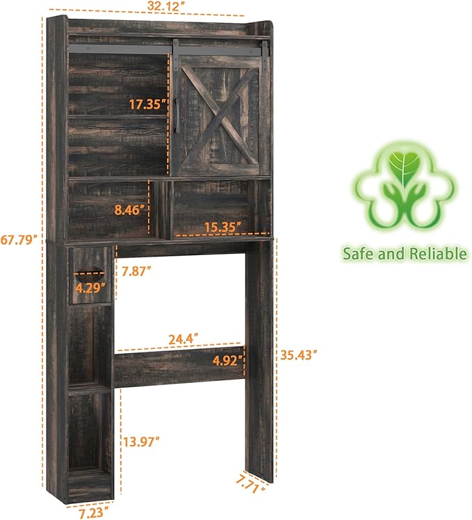 Over The Toilet Storage Cabinet, Farmhouse Storage Cabinet Over Toilet with Sliding Doors & Toilet Paper Holder Stand，Home Space-Saving Toilet Rack, for Bathroom, Laundry(Dark Grey)