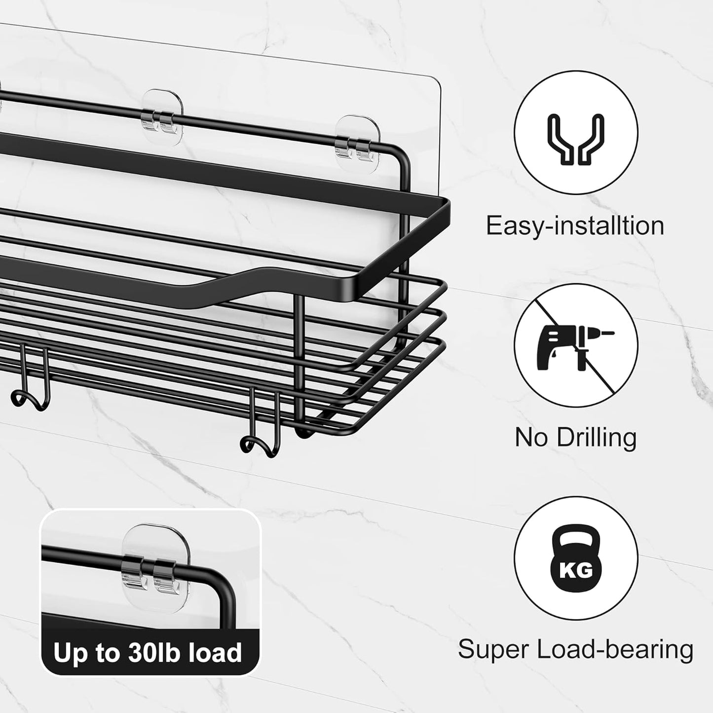 Orimade Shower Caddy Basket Shelf Storage Rack, No Drilling Wall Mounted Adhesive Rust Proof Stainless Steel Shower Organizer with 5 Hooks for Bathroom, Black 2 Pack
