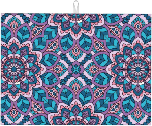 Boho Blue Purple Floral Pattern Dish Drying Mat 18x24 For Kitchen Counter Absorbent Microfiber Dishes Pad Dish Drainer Rack Mats Fast Dry Kitchen Accessories