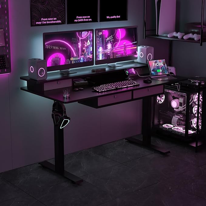 Adjustable Height Standing Desk with 4 Drawers & Wheels,63 x 30 inches Electric Sit Stand Home Office Desk with Two Tiers, 3 Memory Presets, Monitor Stand Riser, USB A/C Charging Port