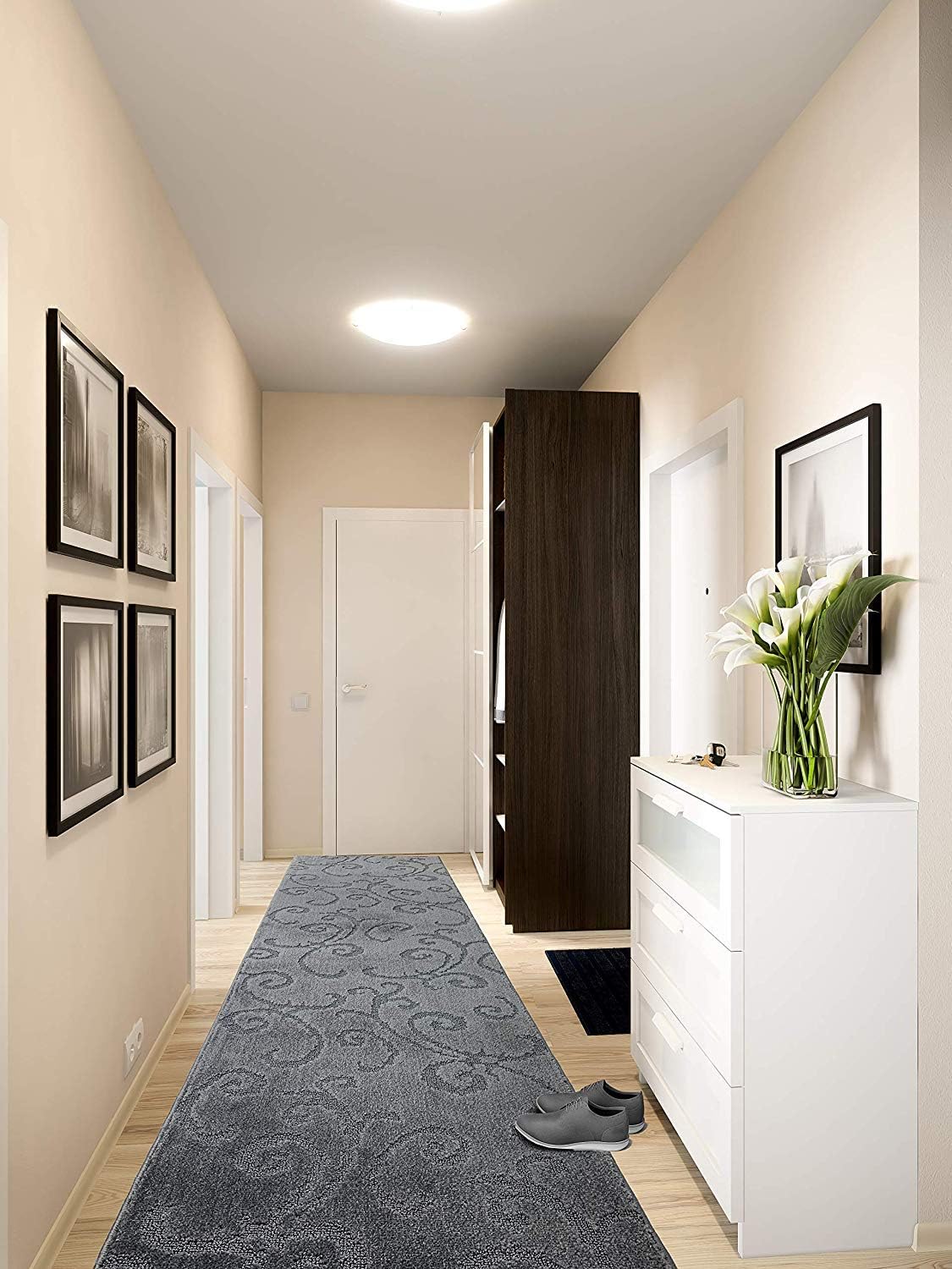 29 FT Long Non Slip Washable Carpet Runner Rug with Rubber Backing, Custom Floor Mat for Kitchen Hallway Stairs Bedroom Bathroom Entry, Scroll Anthracite Grey, Your Choice of Length