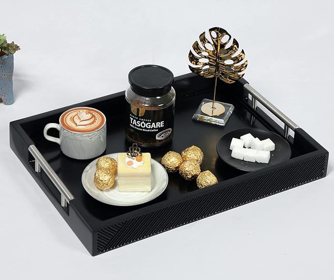 Serving Tray with Polished Metal Handles, 16.5''x12'' Rectangle Coffee Table Tray, Modern Decorative Tray, Large Ottoman Tray, Perfect for Storage and Display (Black)
