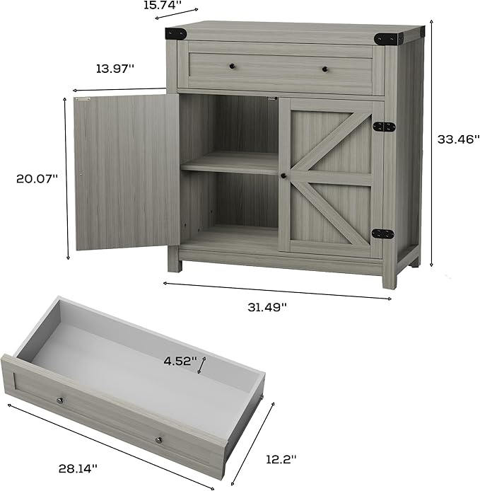 JUMMICO Coffee Bar Cabinet Farmhouse Kitchen Sideboard Buffet Cabinet with Drawer and Adjustable Shelf Barn Door Storage Cabinet for Kitchen, Dining Room, Bathroom, Entryway (Ash Grey)