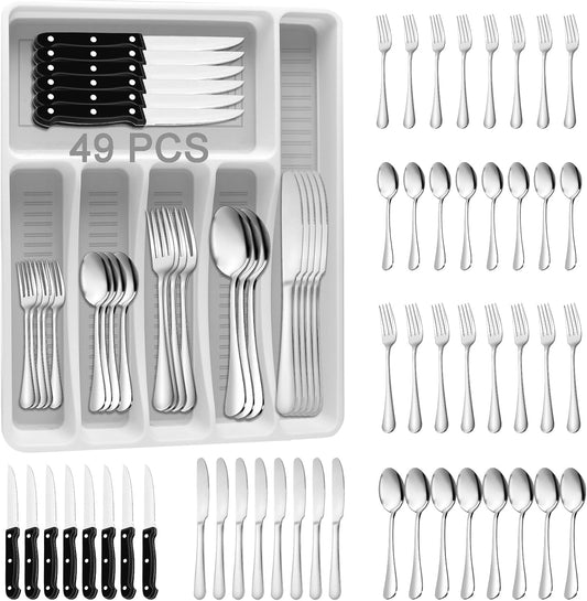 49PCS Silverware Set with Organizer, Stainless Steel Flatware Drawer Cutlery Set for 8, Kitchen Utensils with Steak Knives Mirror Polished Dinner Knife Forks Spoons Tableware Service Tray